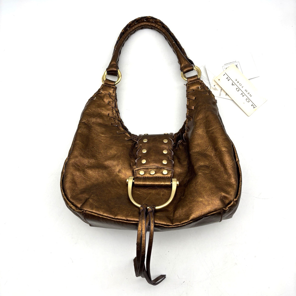 NEW Y2K Mondani NY 'Opal' Metallic Bronze Faux Leather Tassel Strap Hobo Bag